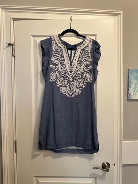 THML Blue Chambray Dress with Lace Trim